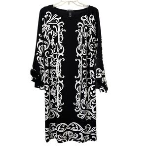 INC International Concept women's shift dress black floral bell sleeve Large NEW